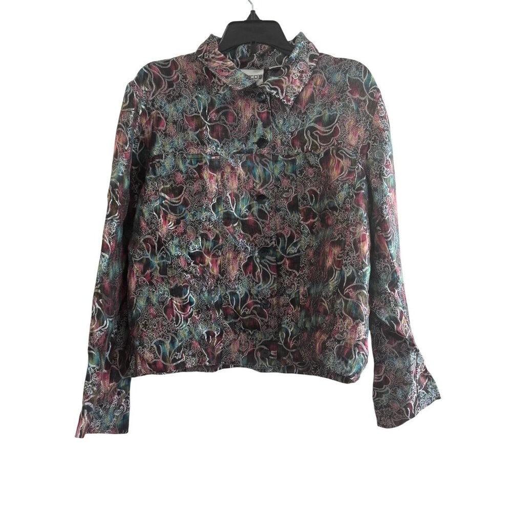 Chicos Womens Jacket Size 1 Rayon Silk Blend Multicolor Metallic Floral Button